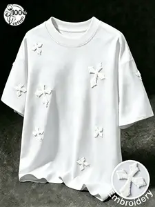Unisex Multi-Color 100% Cotton Gothic Cross Towel Embroidery Oversized T-Shirt | Y2K Grunge High Street American Retro Streetwear Top