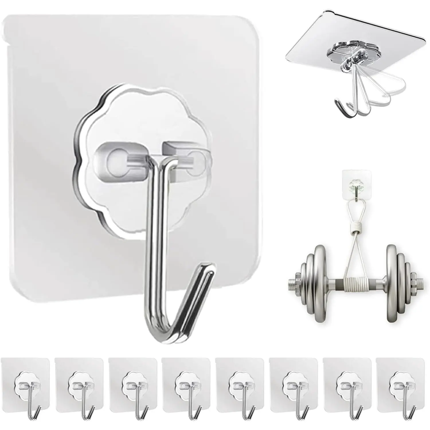 Adhesive Wall Hooks Clear 50lb(Max) Heavy Duty  Sticky-10 Pack | Heavy Duty Hooks for Walls  50 lbs No ,  Sticky Transparent Ceiling Hook for Towel/Kitchen/Outdoor
