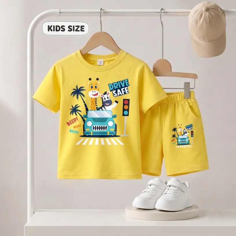 Boys' Giraffe Zebra Car Graphic 2-Piece Summer Outfit - Breathable Soft Crew Neck Short Sleeve T-Shirt & Elastic Waist Shorts, Children’s Size Casual Activewear for Kids Outdoor Play, Daily Wear, Graphic Print, T-Shirt Shorts