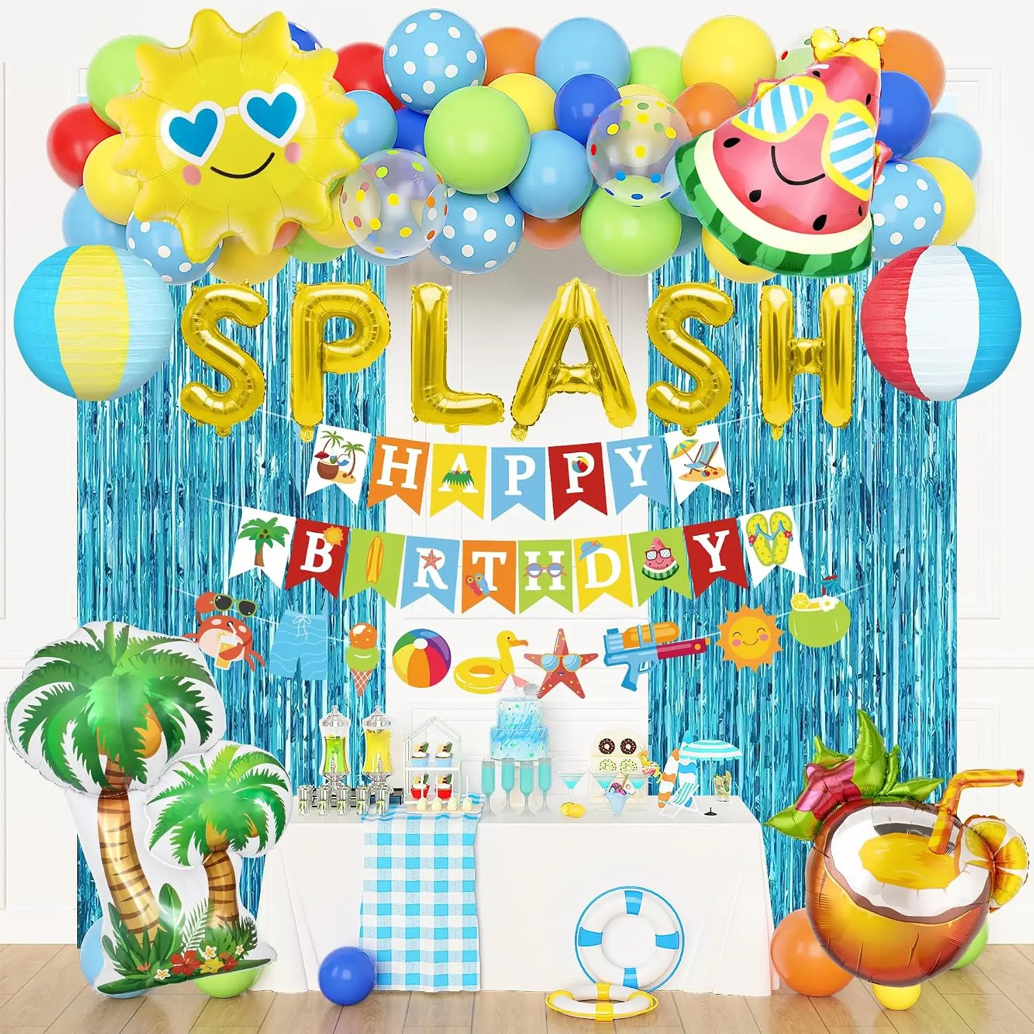 Pool Beach Party Decorations for Summer - Splash Birthday Bash Supplies Including Tropical Banner, Beach Ball, Lantern, Fringe Curtain, Foil Balloons, Arch - Perfect for Luau Hawaiian, Swimming Water Party (Blue)