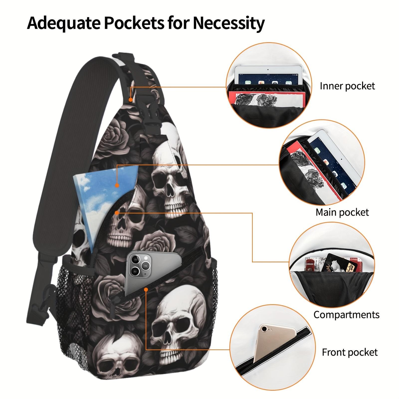 A Versatile Crossbody Chest Bag Designed for Hiking, Featuring a Skull  White Roses Pattern. This Folding Backpack Offers Ample Storage  Is Stylishly Durable, Suitable for Shopping, Work, Travel, Beach Outings, Fishing, Halloween, School and