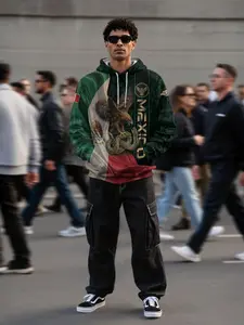 Men's Mexican Flag Hoodie, Aztec Print Casual Loose-Fit Sweatshirt, Streetwear for Latin American Diaspora, Fall Winter Daily Wear