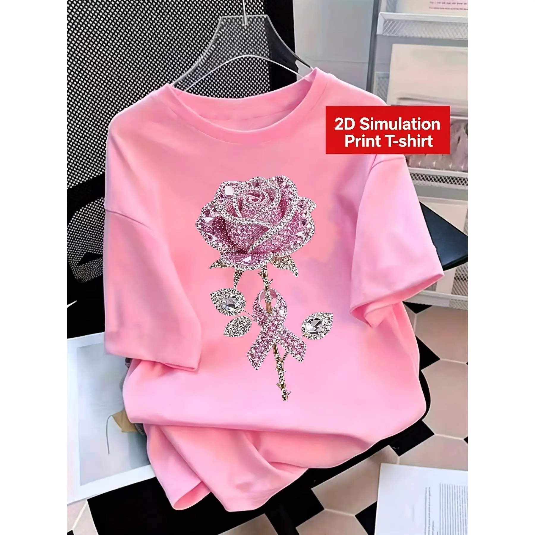 Women's Crew Neck 2D Printed Pink Rose-Pink Ribbon Short-Sleeve T-Shirt Top, Comfortable Regular Size Machine Wash Casual Top for Outdoor & Everyday Wear
