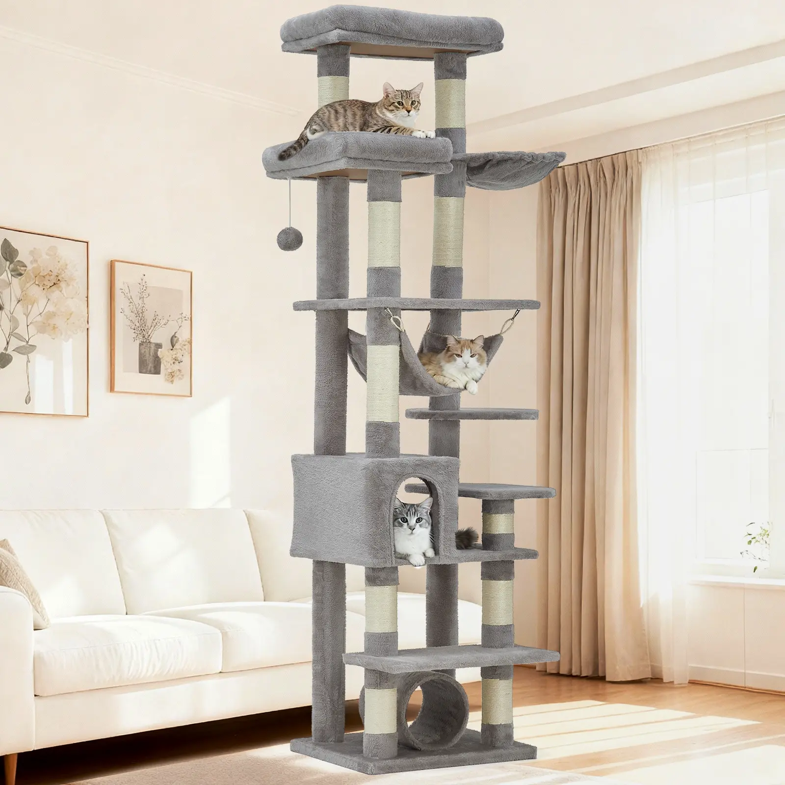 74 Inch Tall Cat Tree for Large Cats, Multi-Level Cat Tower Mansion with 11 Sisal Scratching Posts & 2 Cozy Condos, Heavy Duty Cat Activity Center Playground with Spacious Hammock for Indoor Multiple Cats