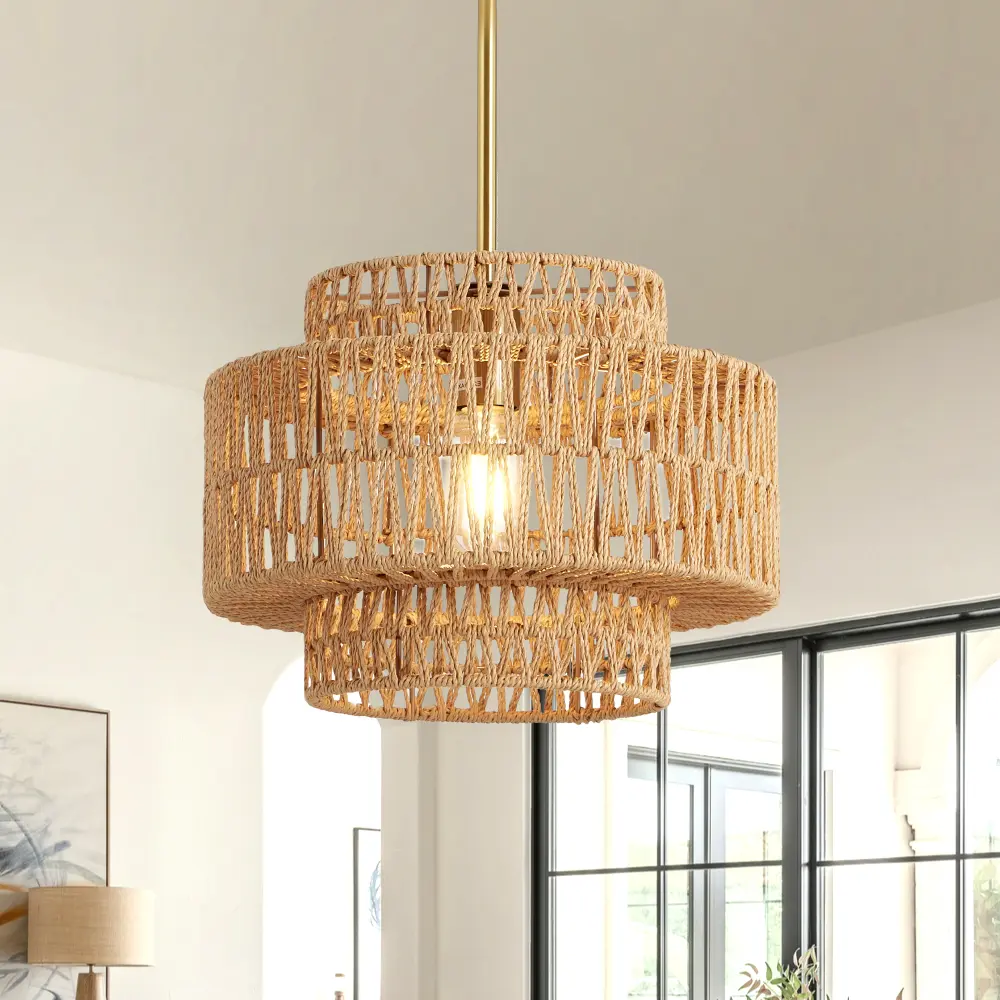 Littleox 12.6 in Boho Rattan Chandelier Light Fixture,1-Light Hand Woven Pendant Light Fixture Farmhouse Rustic Hanging Lamp for Kitchen Island Bedroom, Dining Room, Living Room, Entryway, Foyer