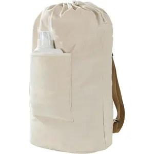 Washable Canvas Laundry Backpack Bag with Adjustable Straps Large Front Pocket Drawstring Closure BEIGE X-Large