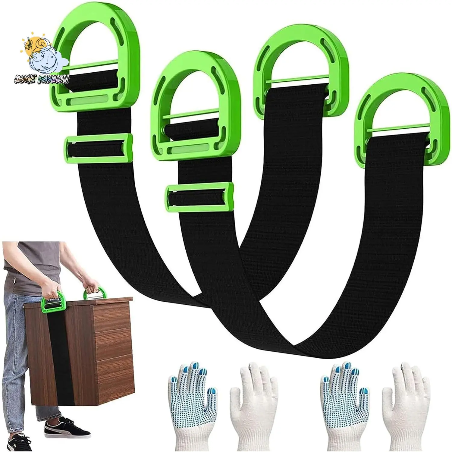 Household Furniture Carrying Straps Set - Ergonomic D-Handles, Adjustable Belt, Heavy Lifting Straps with Work Gloves for Appliance Moving, Home Relocation