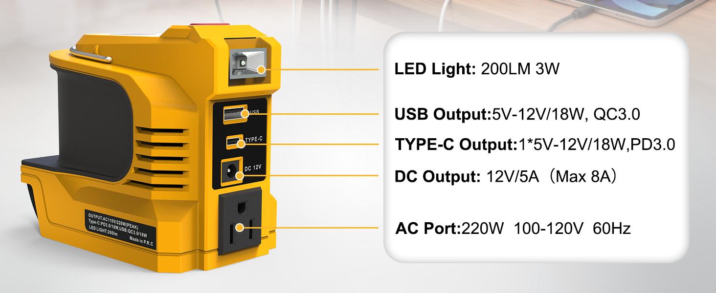 200W Portable Power Inverter  20V Battery,DC 20V to AC 120V Portable Power Station with 1 USB Ports & 1 Type-C Fast Charging, 200LM LED,Camping & Emergency Use