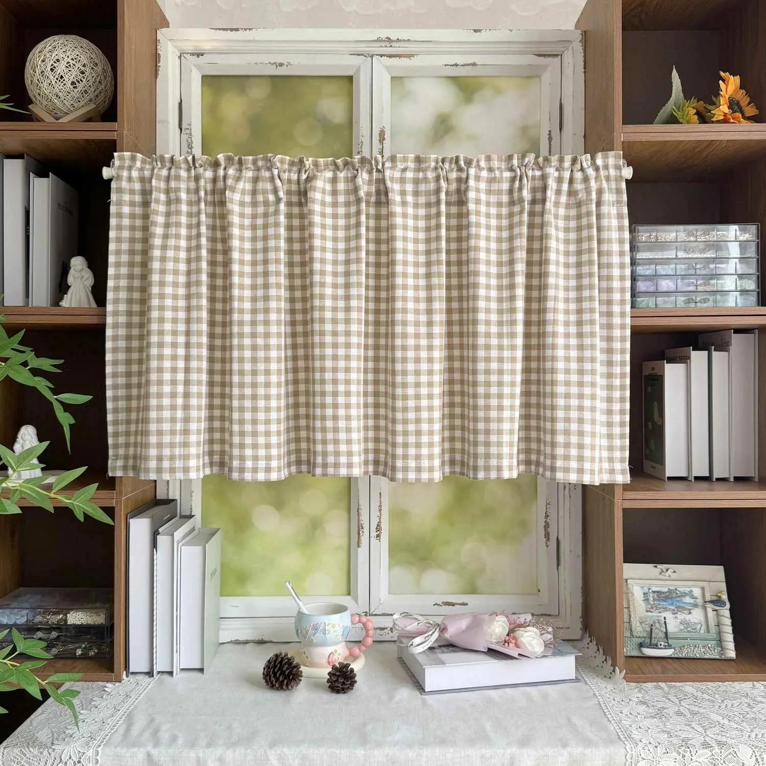 1PC Modern Apricot White Lattice Short Curtain for Windows for Kitchen Small Window Cafe Cabinet Home Decoration Blinds