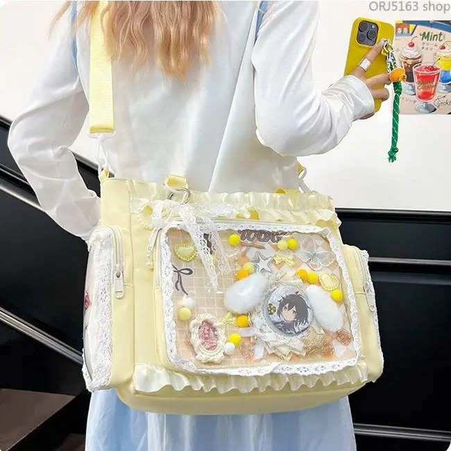 Chic Transparent Crossbody Tote Bag with Cute Ballet Lace Trim, Large-Capacity Shoulder Bag for Anime Fans & Casual Daily Outings,accessory,,