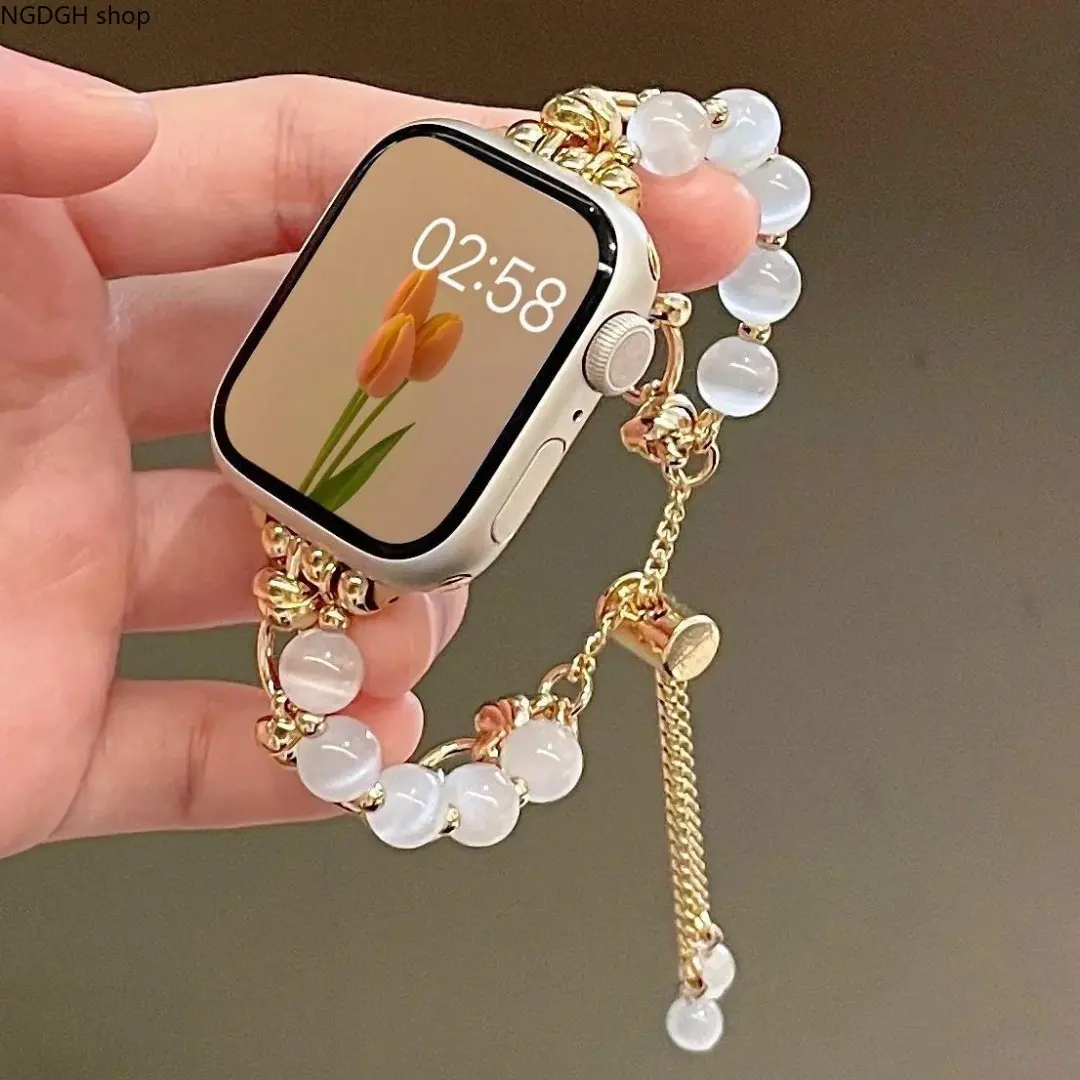 Women's Adjustable Watch Strap, Elegant Gold-Tone Metal Band with Faux Pearls - Trendy Wearable Fashion Accessory for Smartwatches, Beads