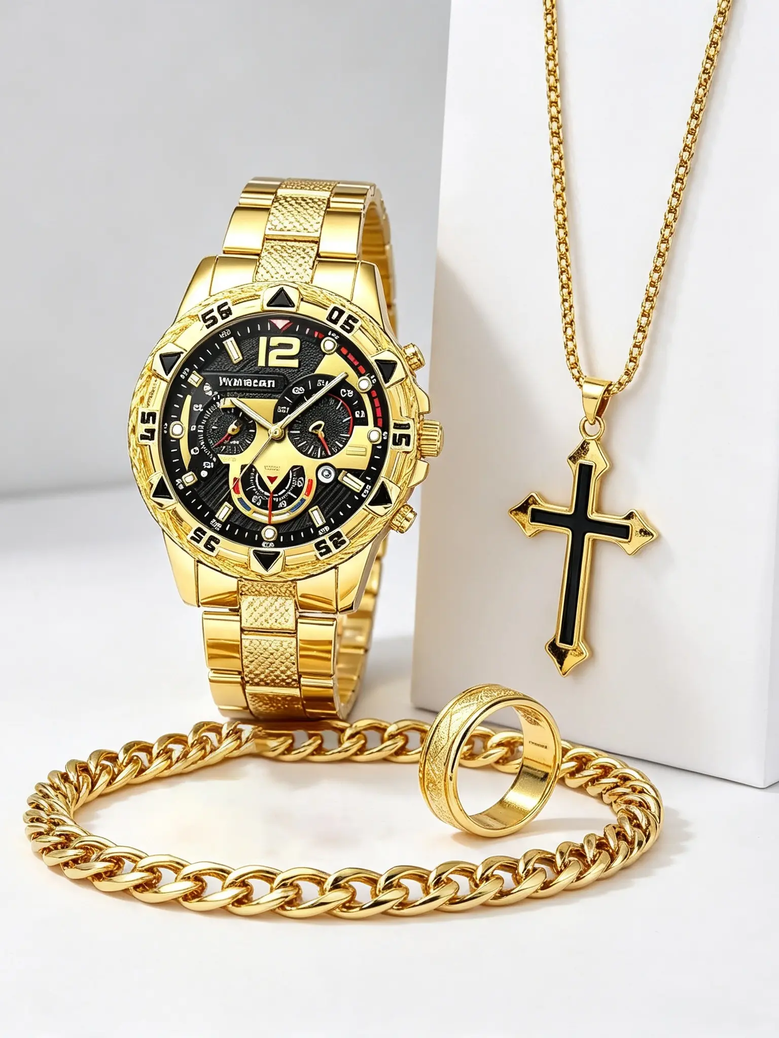 4pcs Luxury Vintage Men's Silver Color Set Accessories, Multi-Function Quartz Watch Ring Bracelet Cross Necklace Gift