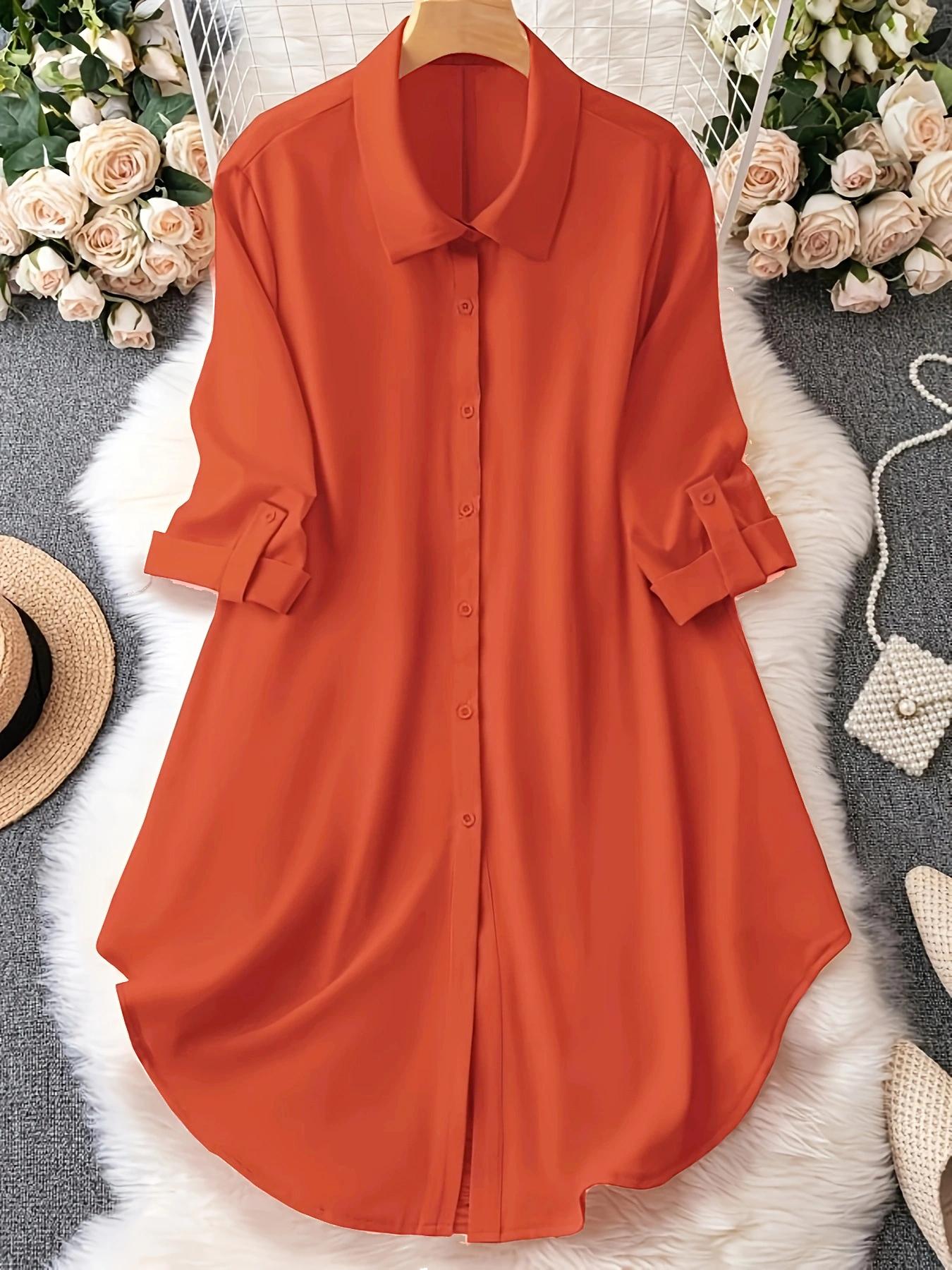 Plus-Size Solid Long Sleeve Button Front Shirt, Casual Collared Top for Spring & Fall, Women's Clothes for Daily Wear