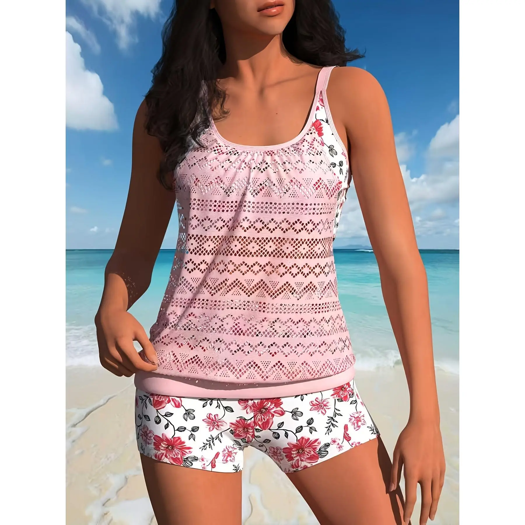 Women's Floral 2 Piece Tankini Set, Sporty Tummy Control Swimsuit with Cheeky Bottoms, Quick-Dry Swimwear for Beach Sports & Surfwear, Tankini Suit, Swimsuits For Women, Bathing Suit Women Set