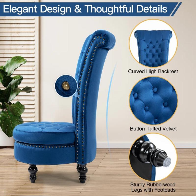 Ergonomic Velvet Accent Chair with High Back Support & Built-in Storage, Black/White/Blue