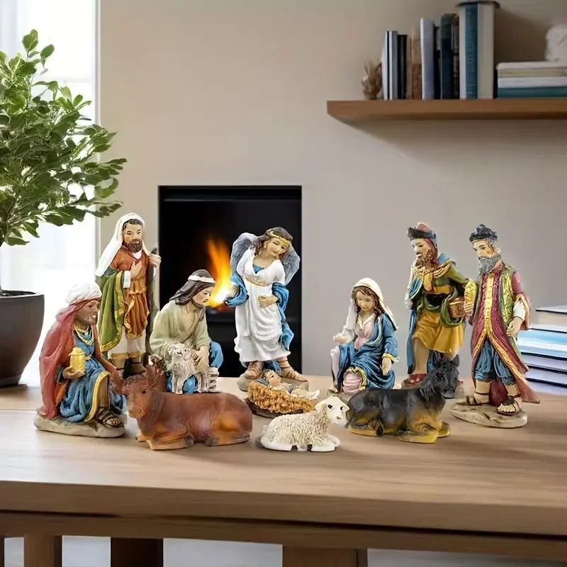11-piece hand-painted resin Jesus Nativity scene figurines, Easter and Christmas-themed statues, Jesus manger decoration, home tabletop, holiday gifts, table center decoration, holiday ornaments, Religious decorations, religious decor