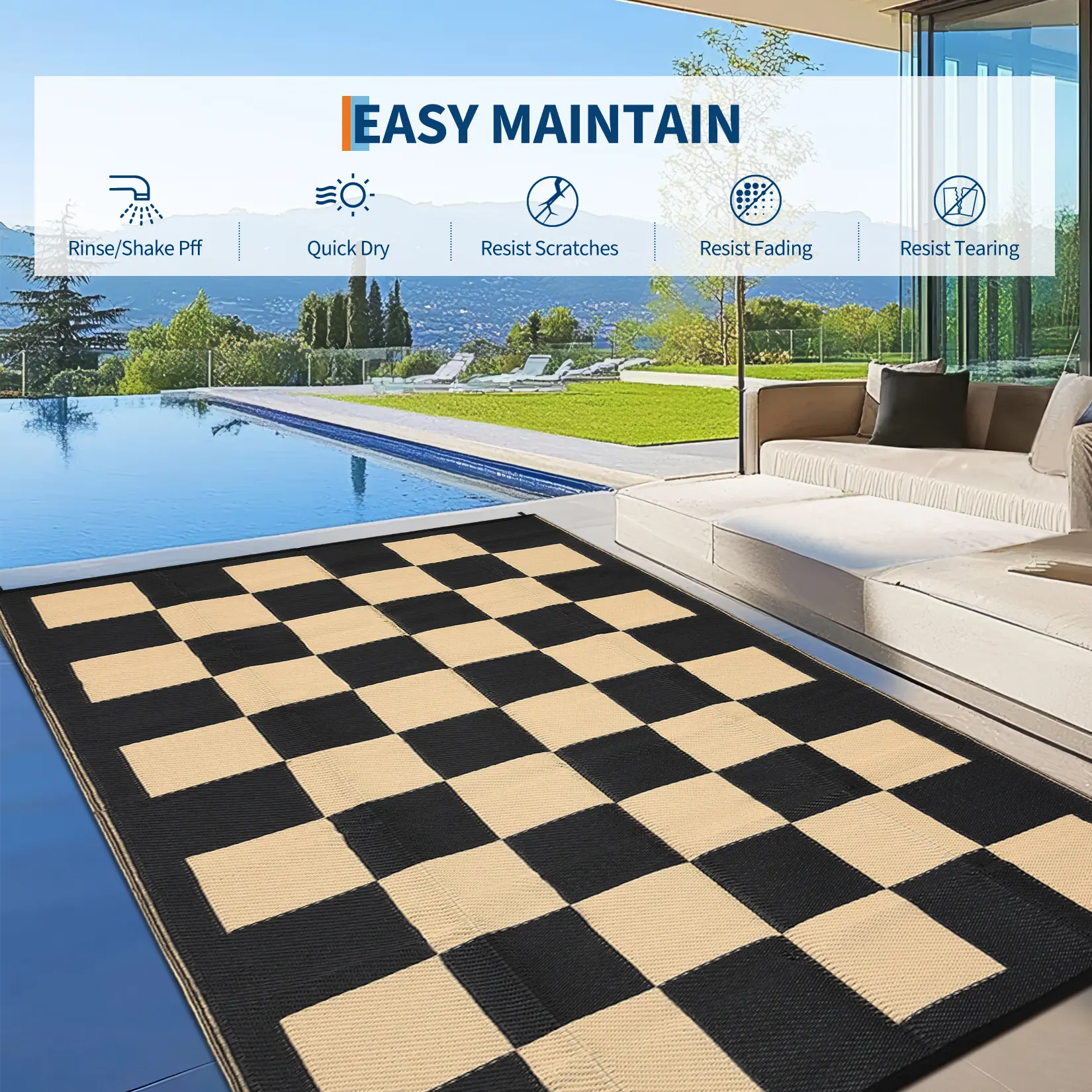 【Garvee】Modern Checkboard Woven Outdoor Rug – Waterproof, UV-Resistant, Foldable, Reversible – for Deck, Backyard, Balcony, Picnic
