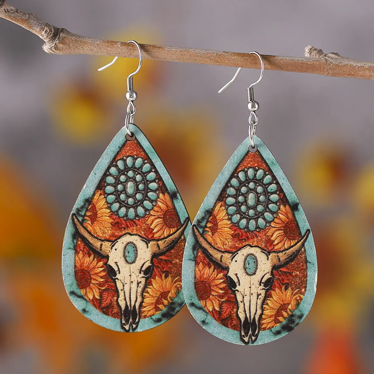 Western Cow Bull Skull Sunflower Teardrop Wooden Drop Earrings Retro Turquoise Gem Print Southwest Country Farm Wood Dangle Ear Hooks Women Vintage Bohemian Casual Jewelry Gift,Acrylic,Personalized