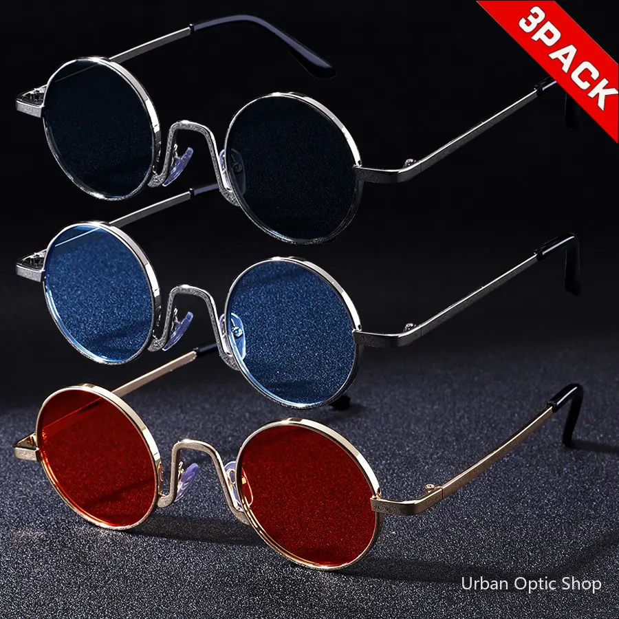XUH 3-Pack Unisex Vintage Hippie Round Metal Frame Sunglasses - UV400 Anti-Glare Circle Lens Eyewear, Trendy Punk Party Wear Statement Shades for Music Festivals, Beach Vacation