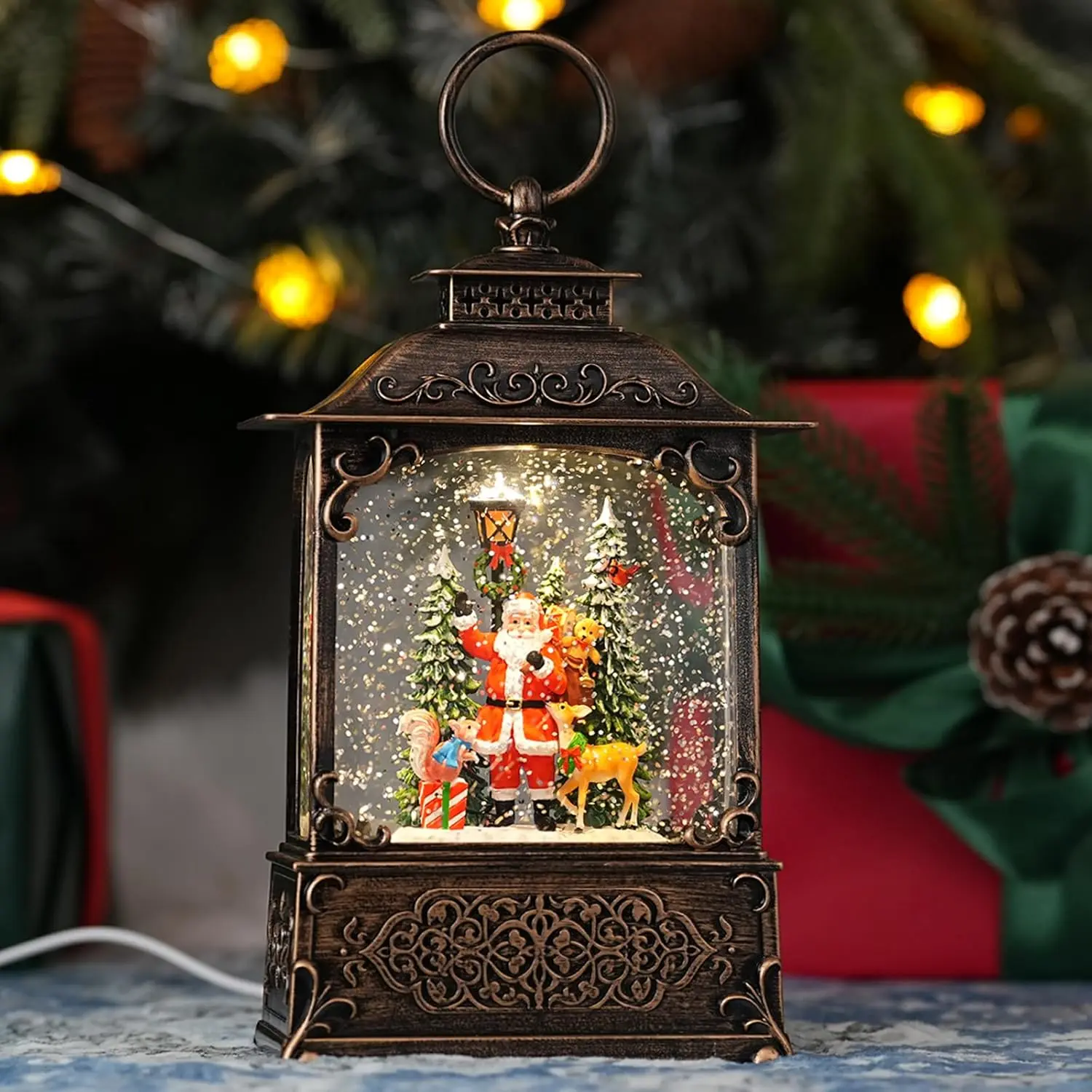 Snow Globe with Santa Claus Reindeer, Light Up Christmas Snow Globes with Music Timer USB Plug or Battery Operated Glitter Globe Indoor Christmas Decorations