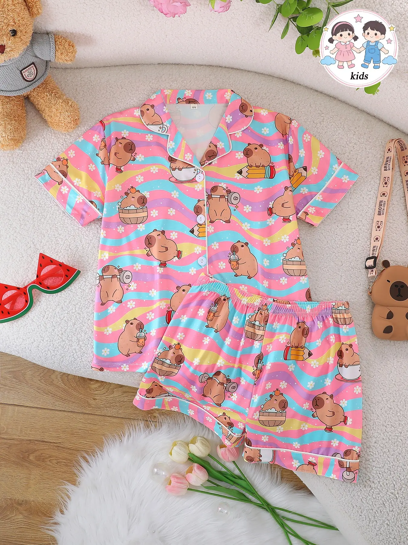 2-Piece Kids Flame-Resistant Pajama Set, Short Sleeve Button Front Jacket and Shorts, Cartoon Pattern, All Seasons, Girls Middle School Age