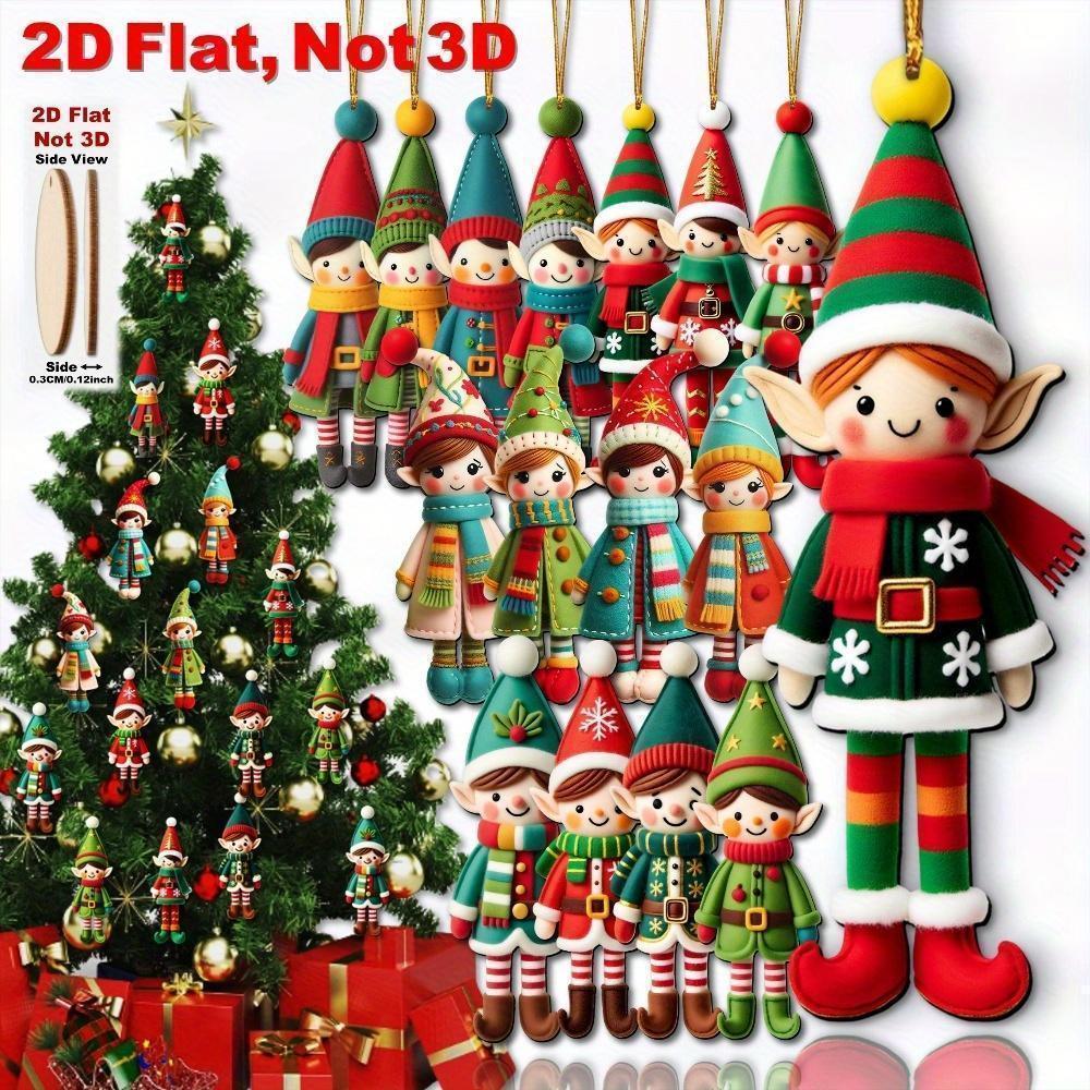 16pcs Christmas Wooden Cute Green Elf 2D Flat Wooden Pendant Christmas Tree Decoration Perfect Holiday Gift Decor
