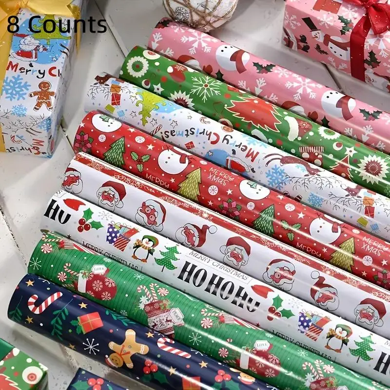 Christmas Wrapping Paper Set, Reusable Cartoon Theme Wall Stickers, Durable Material, Perfect for Gifts & Holiday Packaging