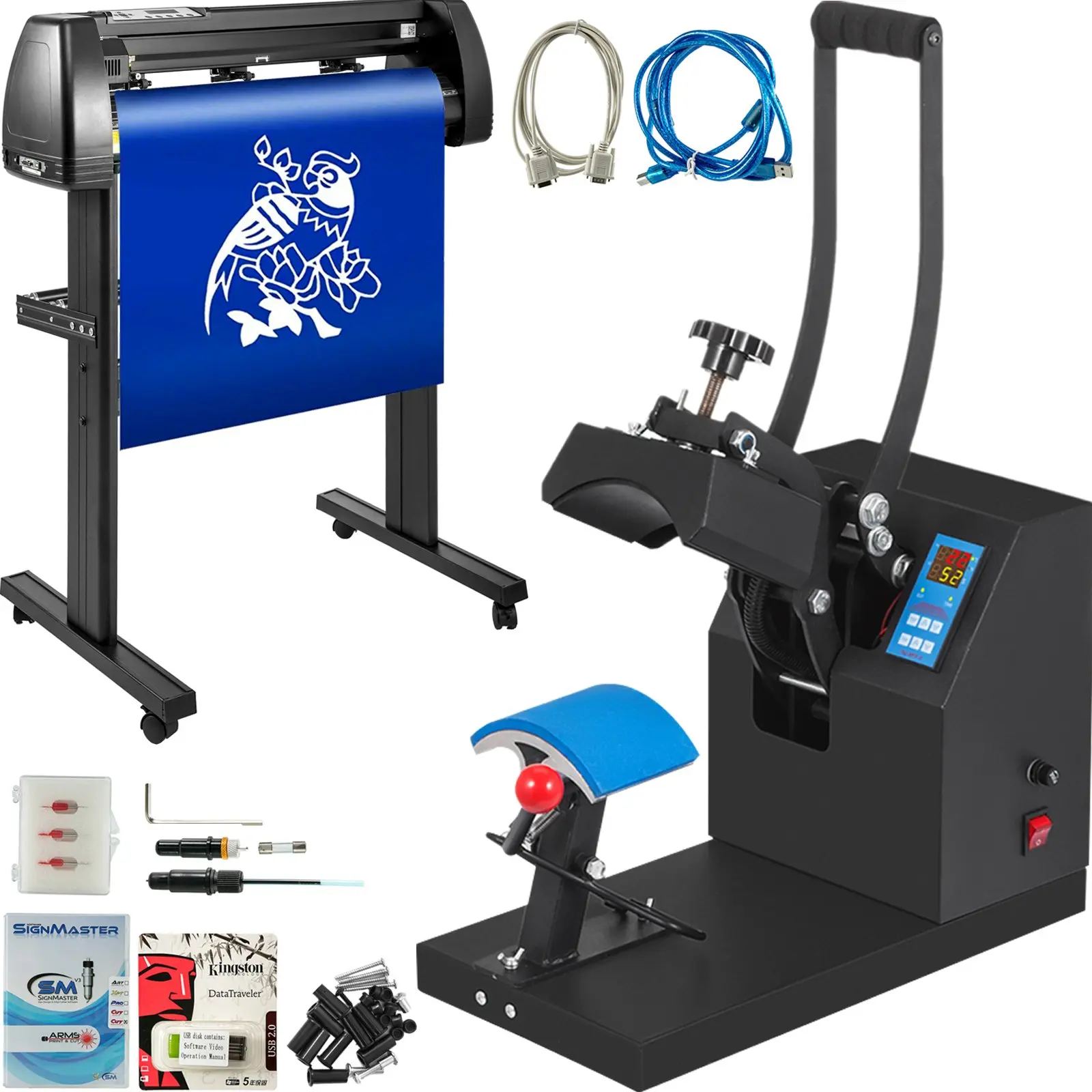 VEVOR Cap Heat Press & 53in Vinyl Cutter Machine Kit - 5.5x3.5in Press, Floor Stand, LCD Display, Die-Cast Aluminum for Cap Printing