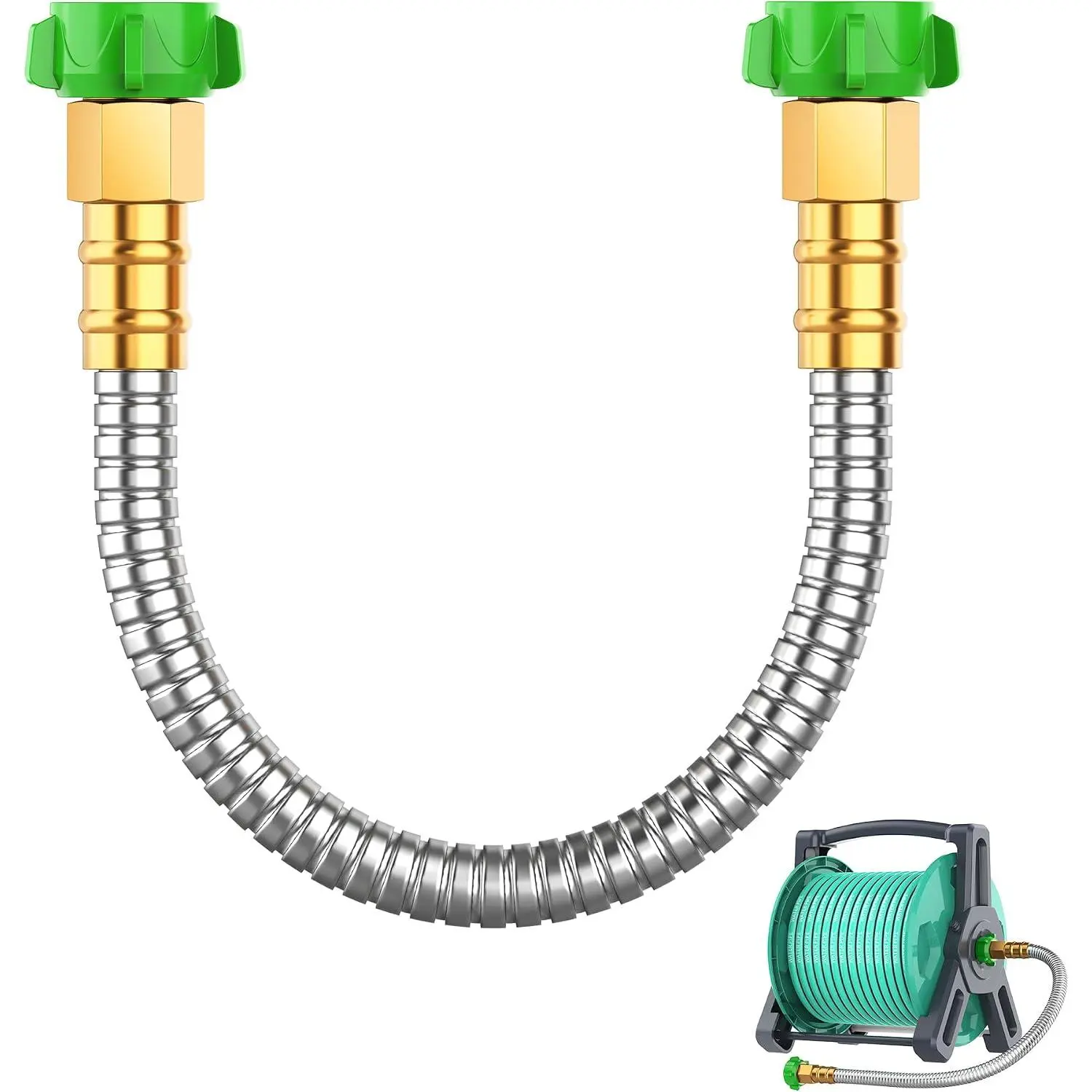 Short Metal Garden Hose 2 ft with Female to Female Connector, Stainless Steel Small Leader Hose for Hose Reel, Long, Flexible, Lightweight & Heavy Duty Water Pipe, Outdoor Water Hose Extension Adapter