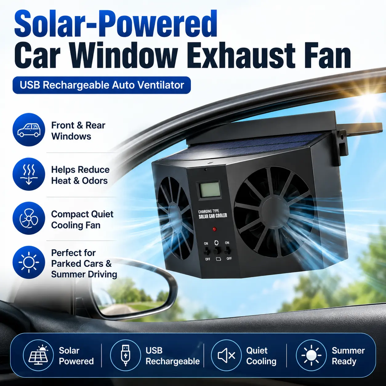 Solar-Powered Car Window Exhaust Fan with USB Rechargeable Backup, Compact Quiet Auto Ventilator for Front & Rear Windows, Helps Reduce Interior Heat and Odors for Parked Cars, Road Trips & Summer Driving