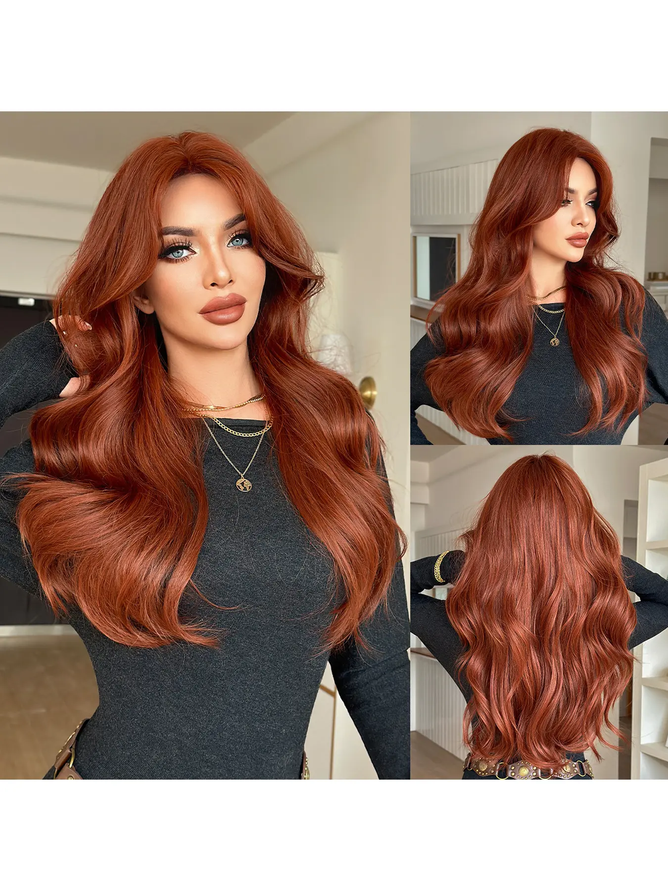 Trendy Orange Lace Front Wig for Women Long Wavy Synthetic Hair Full Head Cap with Natural Side Bangs Lightweight Breathable Comfortable Daily Wear Stylish Casual Look Natural Wave Wig