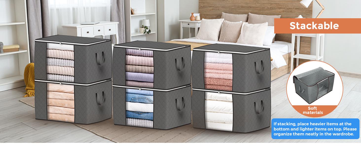 Large Storage Bags, 4 Pack Clothes Storage Bins Foldable Closet Organizers Storage Containers with Durable Handles Thick Fabric for Blanket Comforter Clothing Bedding 90 L (Gray)