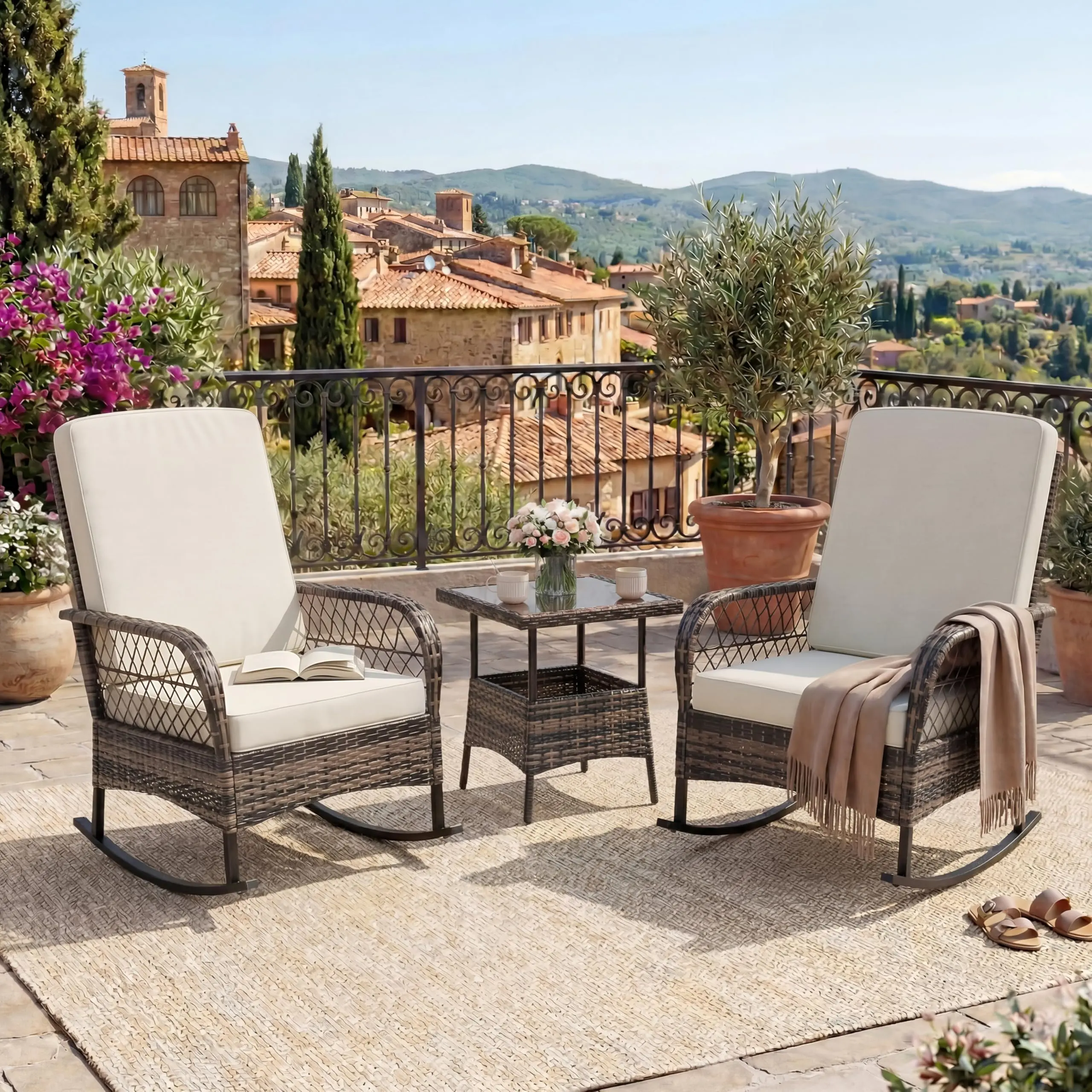 Garvee 3-Piece Outdoor Rocking Chair Set, Wicker Rattan Patio Furniture with Glass-Top Coffee Table, Modern Conversation Seating with Cushions for Porch, Backyard (Brown Rattan & Beige Cushion)