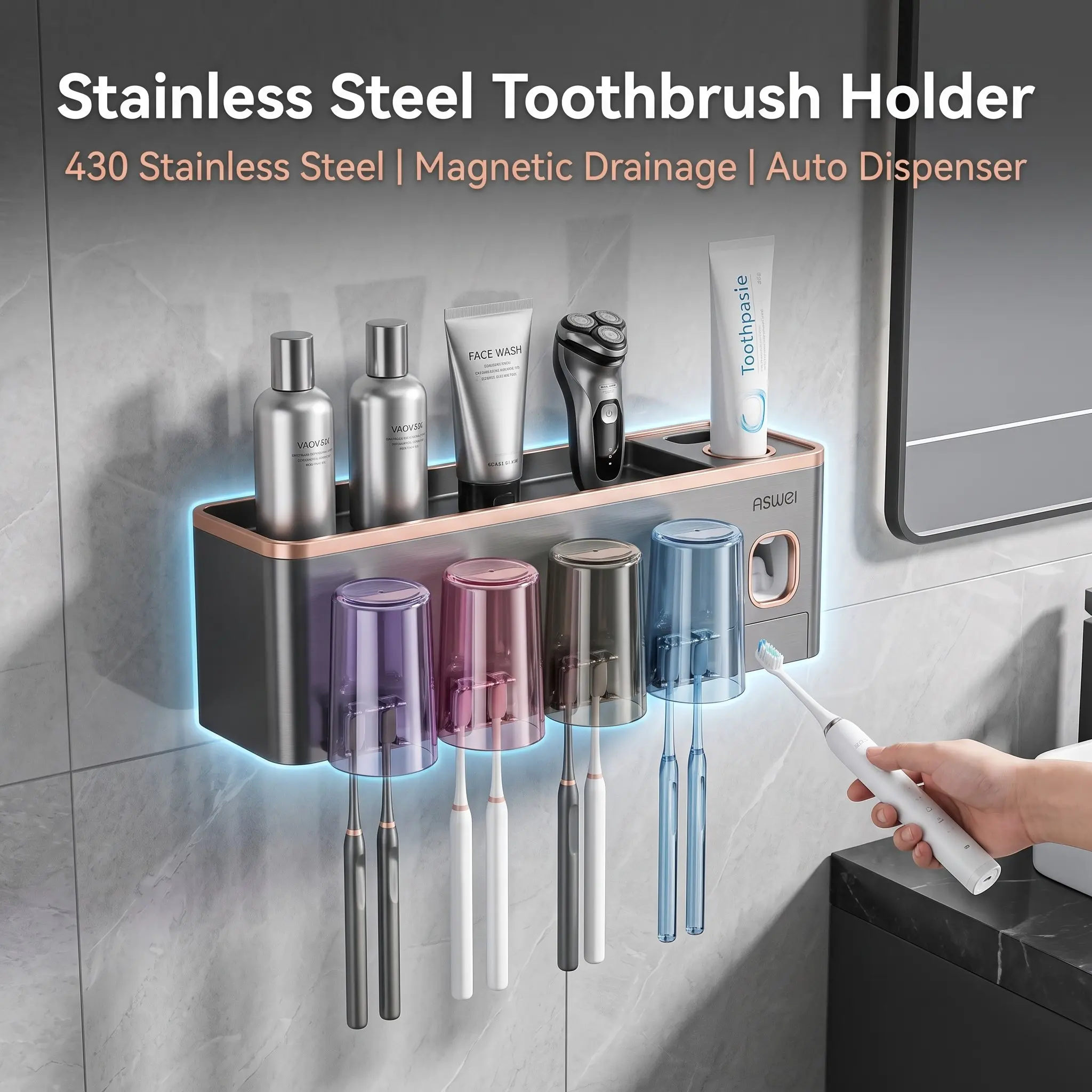 Magnetic Toothbrush Holder for Bathroom, Wall-Mounted Brush Rack, Modern Style, Large Capacity Tray, Toothbrush Storage Holder, No Drilling Needed