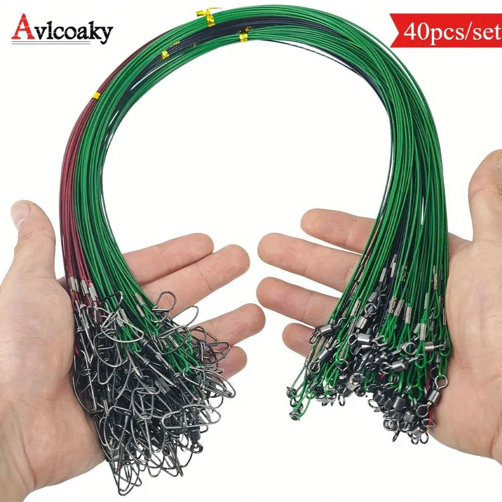 40pcs 125LB Fishing Leaders Line Steel Leaders Fishing Leaders with Swivels and Snaps, Red/ Green/ Black