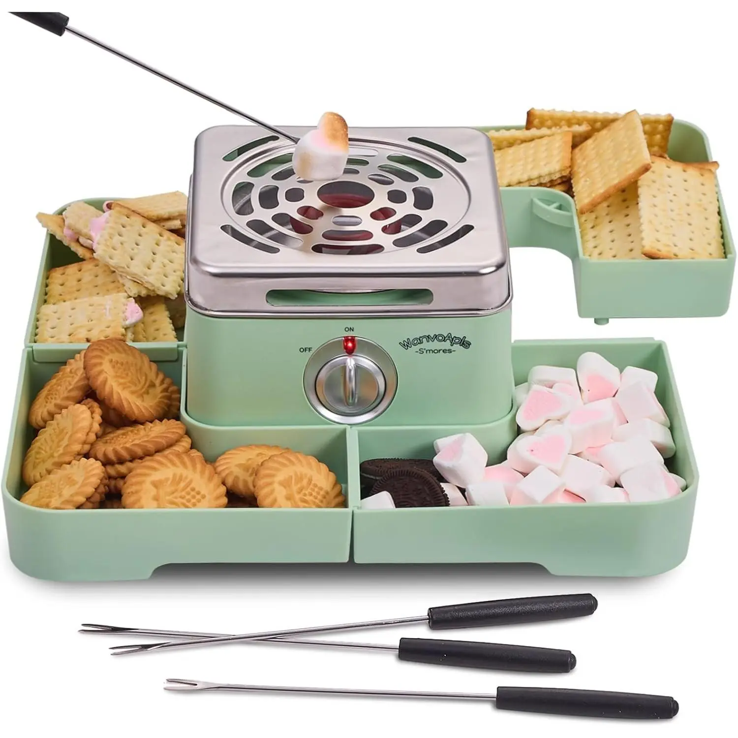 Electric Smores Maker - Indoor Smores Kit with 4 Detachable Trays, 4 Stainless Steel Forks - Flameless Smores Maker Tabletop Indoor Kit (Green)