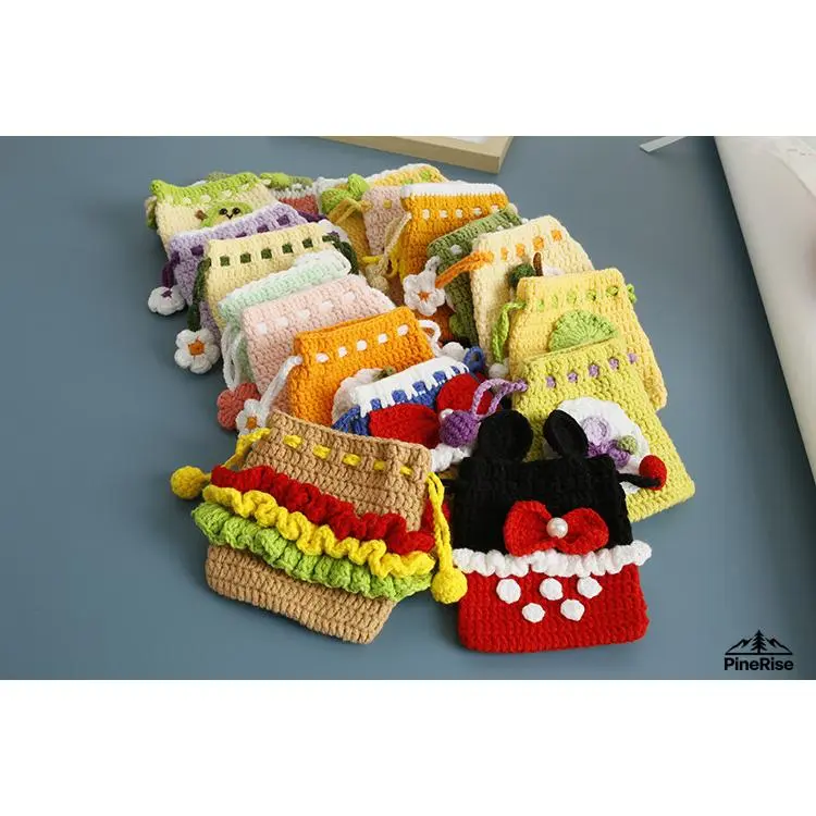Hand Crochet Fruit Pattern Drawstring Coin Purse Woven Small Storage Pouch Finished Earphone Bag Fashion Accessory For Indoor Leisure Daily Outfit Matching