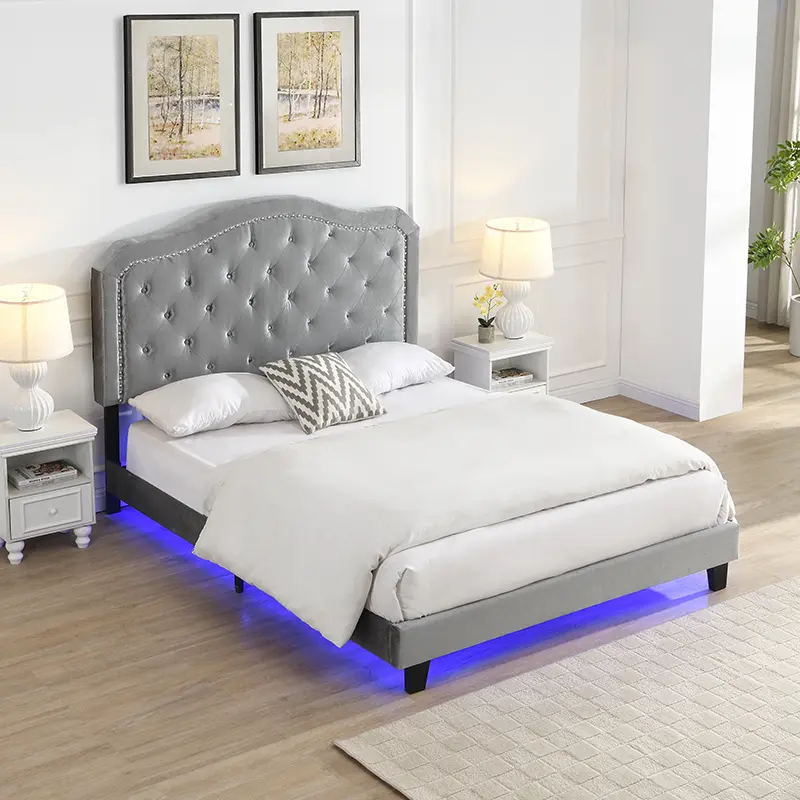 Nokaa Queen Upholstered Bed Frame with LED Lights, Button Tufted Curve Design, Light Gray Velvet, Wood Slat Support, Platform Bed, No Box Spring Needed, Modern Bedroom Furniture