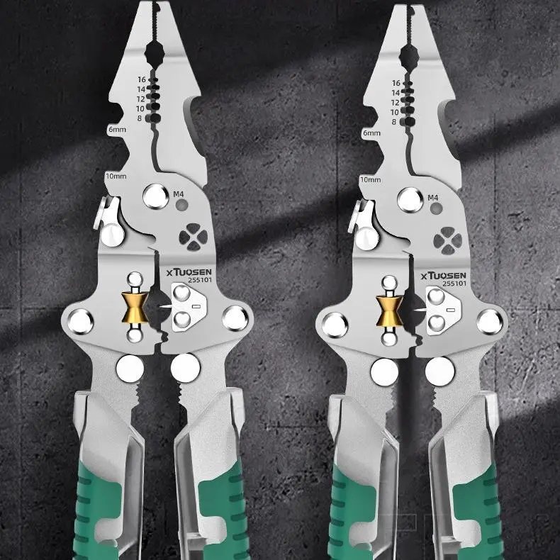 Electrician's special tool with electric testing, wire separation, wire winding, wire pressing functions, folding electrician pliers,