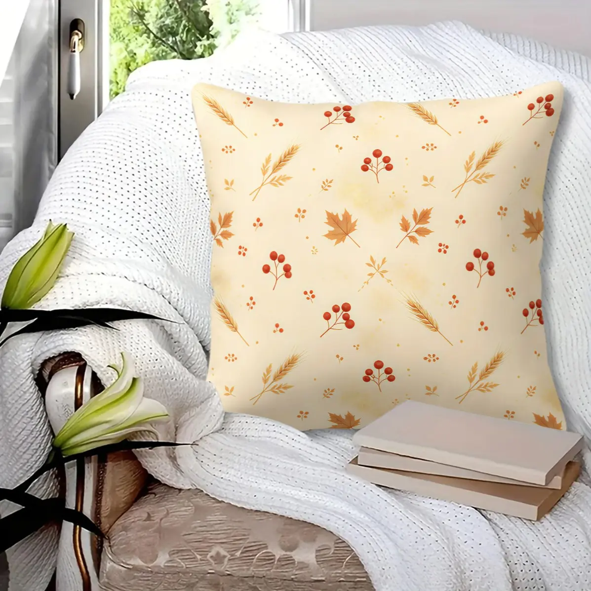 45x45cm 1Pc Minimal Maple Pumpkin Acorn Throw Pillow, Washable, Trend Print, Soft Fabric For Country Autumn Homestay Guest Room & College Dorm Sofa Decor (With Pillow Insert)