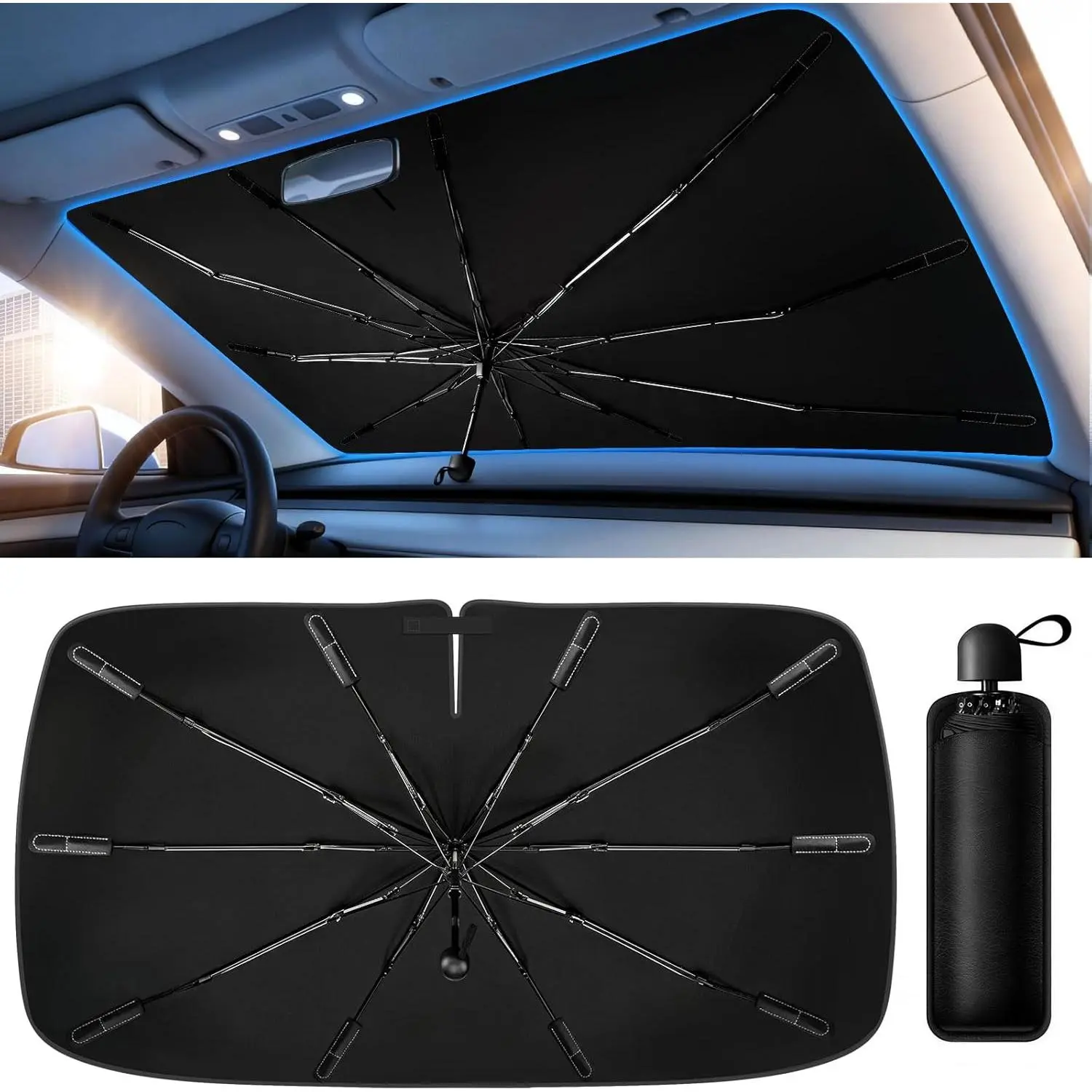 Windshield Sun Shade Umbrella, Foldable Car Windshield Sun Shade Cover, 56" x 31" UV & Heat Insulation Car Sun Shade, Universal Fit for Sedans, SUVs & Trucks