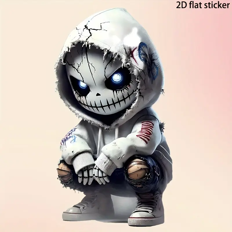 7" Gothic Anime Skull Hoodie Sticker – Glow-in-the-Dark Eyes, Irregular Shape Self-Adhesive Decal for Car, Laptop, Phone, Window, Glass, Cup, Plastic & Wood, Durable, Edge Design, Perfect Halloween Gift