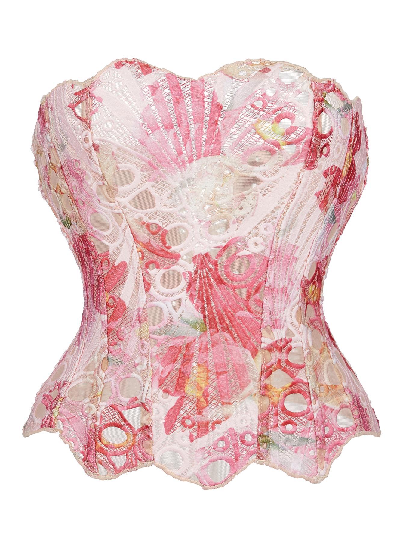 TikTok Viral Pink Mermaid Core Corset, Scalloped Edge Lace Eyelet Hollow Out Boned Bustier Underwear for Bachelorette Music Festival Women