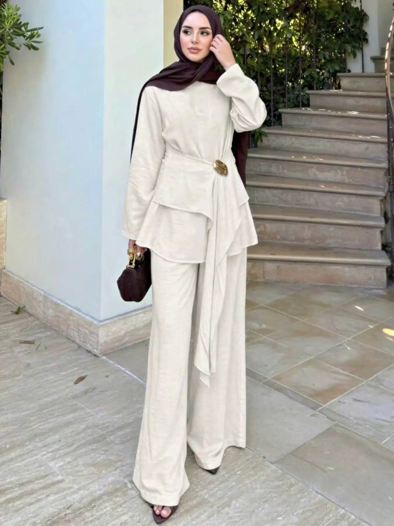 Cream Round Neck Long Sleeve Top, Asymmetrical Ruffle Hem, High Waist Wide Leg Pants Set, Metal Buckle Belt, Conservative Muslim Women's Two Piece Set, Islamic Clothing Set Women