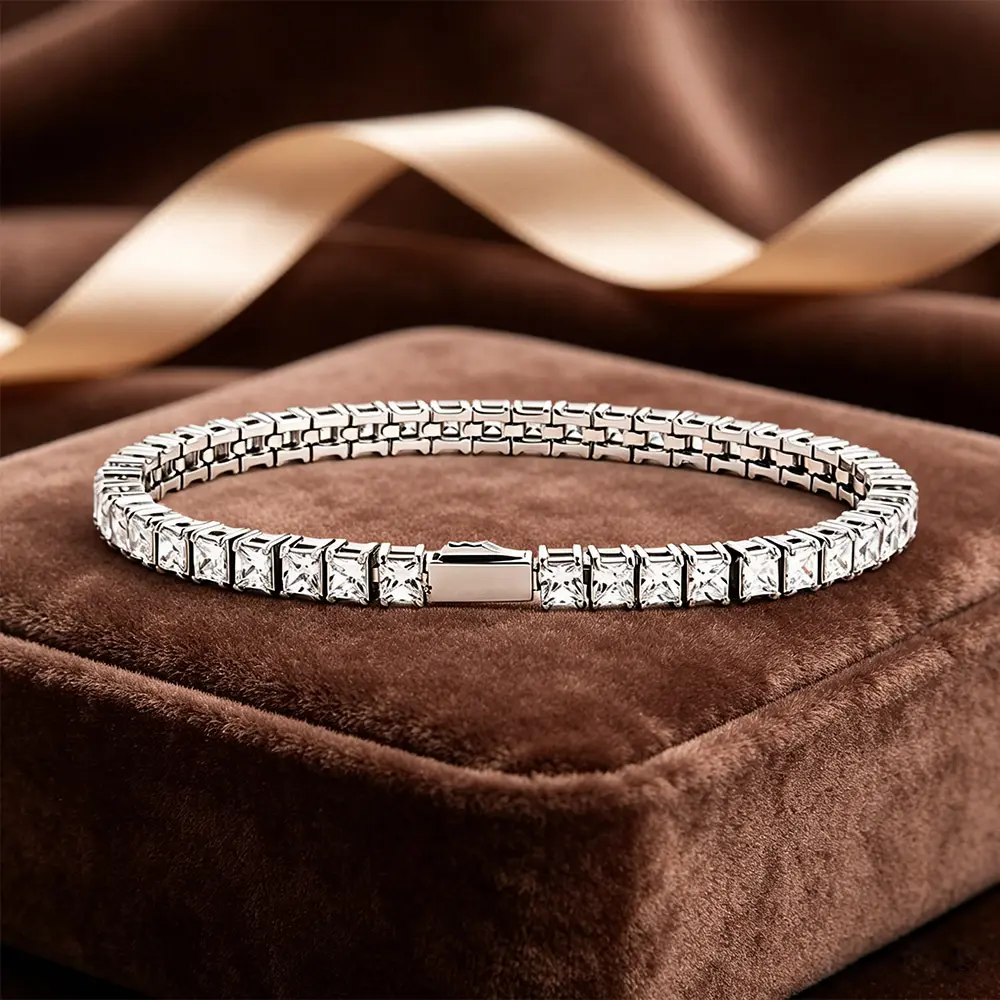 Sparkly Square Cut Tennis Bracelet for Women,Silver Crystal Bracelet,Elegant Jewelry Gift for Her
