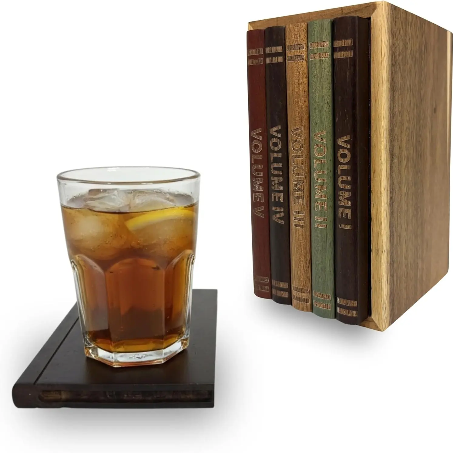 100% Acacia Wood Book-Style Coaster Set, 5-Piece Natural Solid Wood Drink Mats, Aesthetic Display & Heat Protection for Tabletops, Wood Coasters