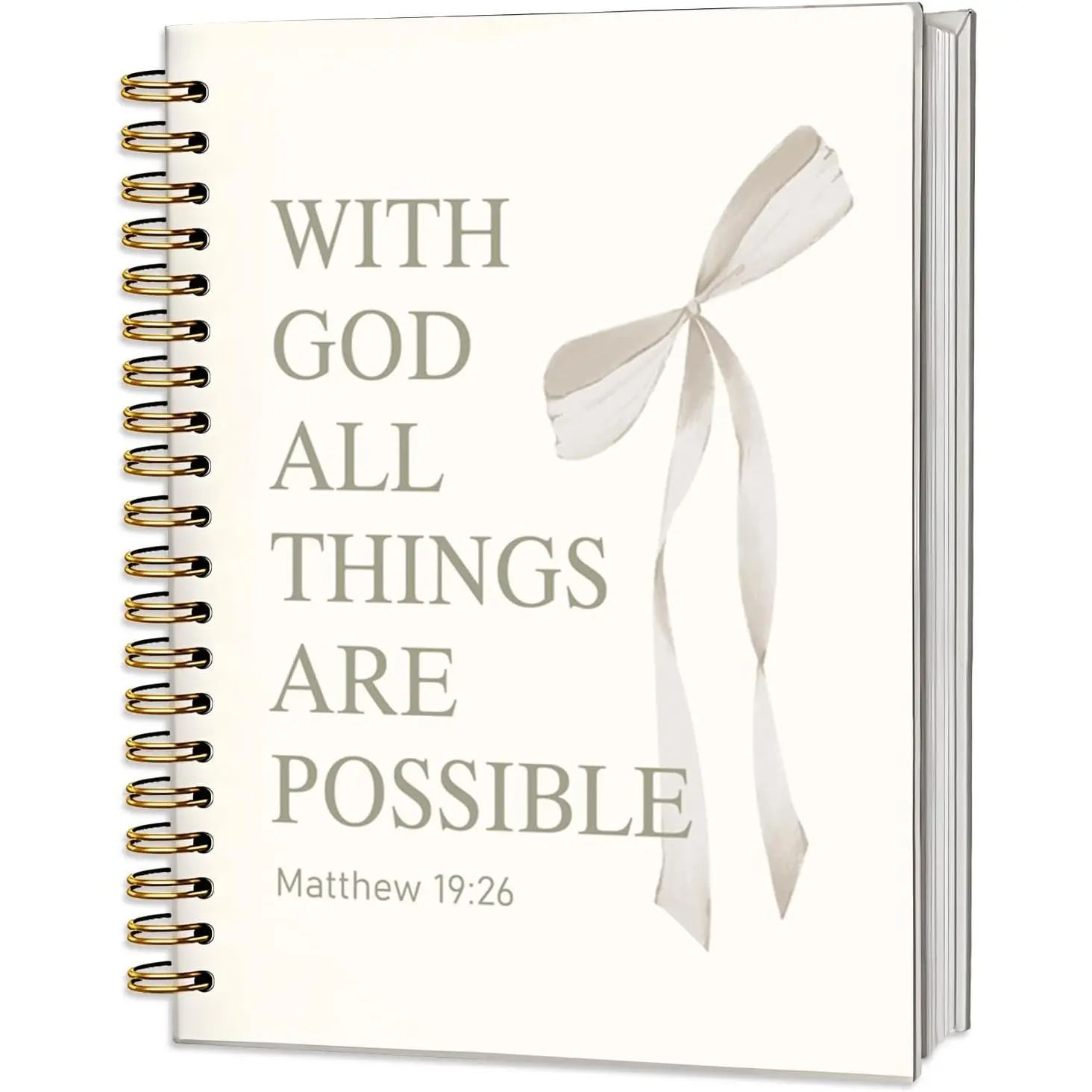 White  Journal for Women, A5 Spiral Christian Notebook & Study Supplies, Cute Hardcover  Bow Diary with Scripture Matthew 19:26 for Church Notes, Prayer & Teen Girls, 5.5 x 8.3 Inch