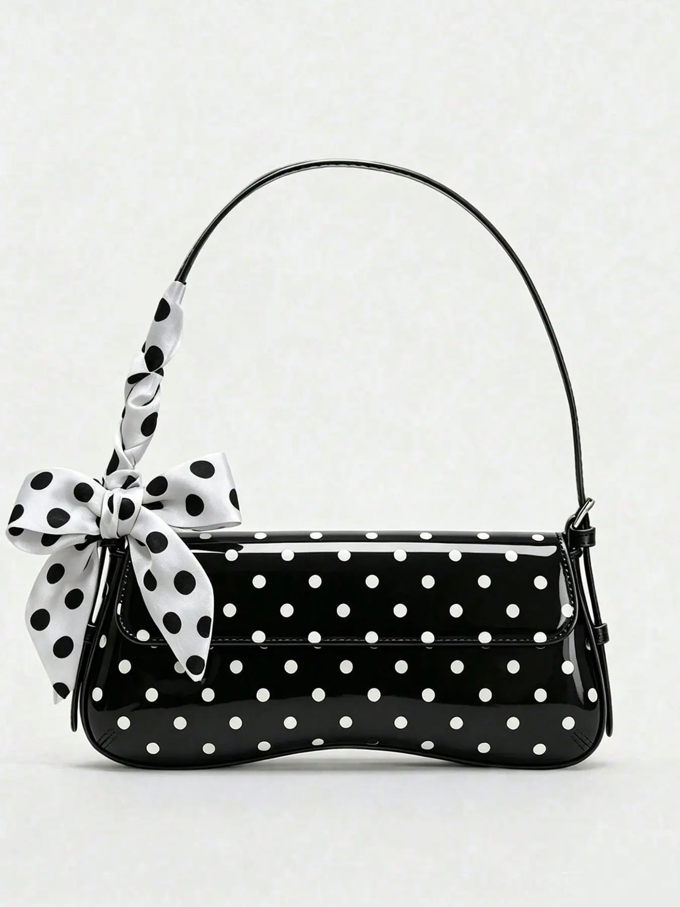Classic polka dot flip underarm bag with retro artistic atmosphere, featuring polka dot silk scarf strap design, elegant, gentle, delicate and practical texture shoulder bag, suitable for daily commuting and dating, Casual Shoulder Bag