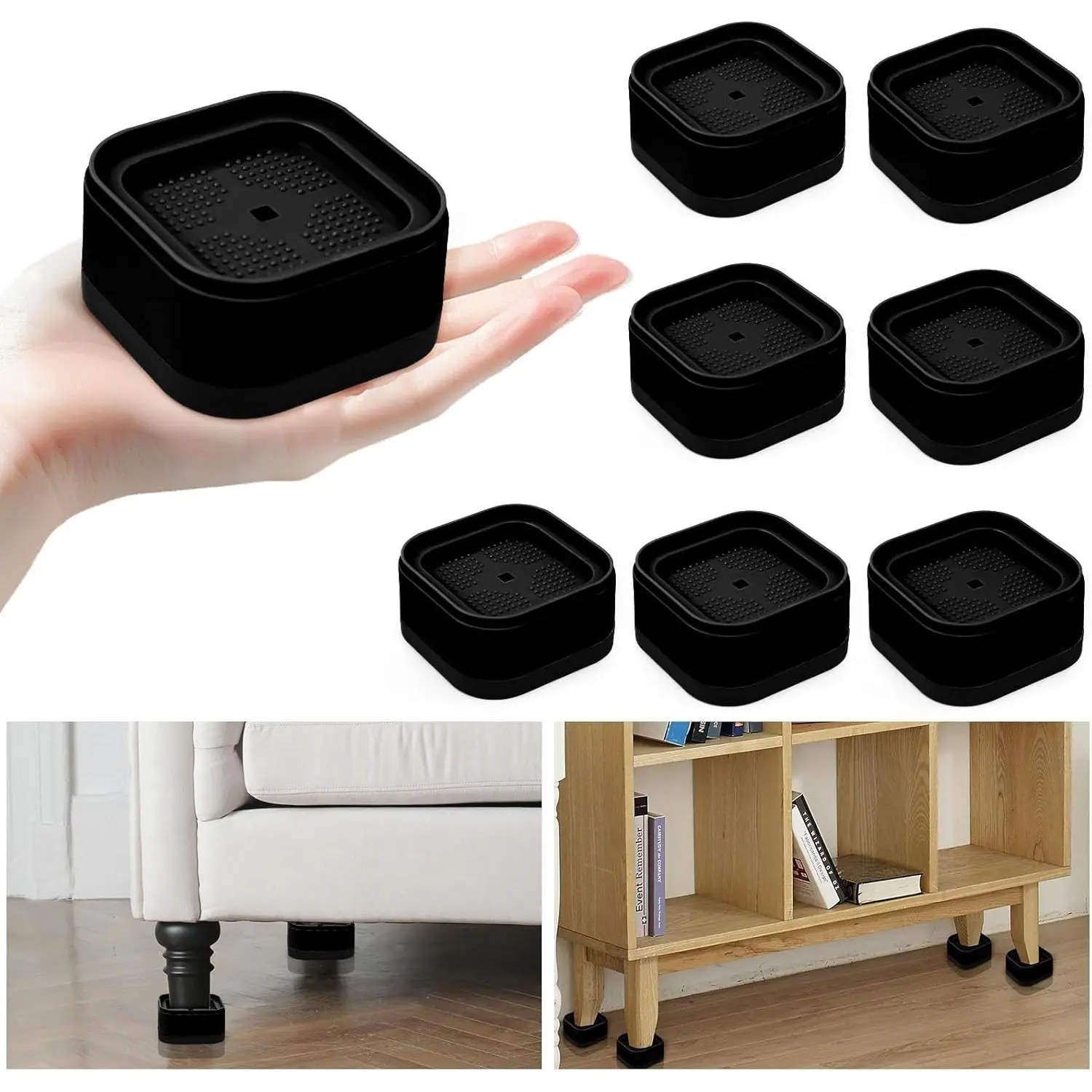 8 Pack Adjustable Heavy Duty Stackable Furniture Risers, 1" Height Lift Black Bed Raisers for Table Desk Couch Chair Sofa Cabinet Bed Legs