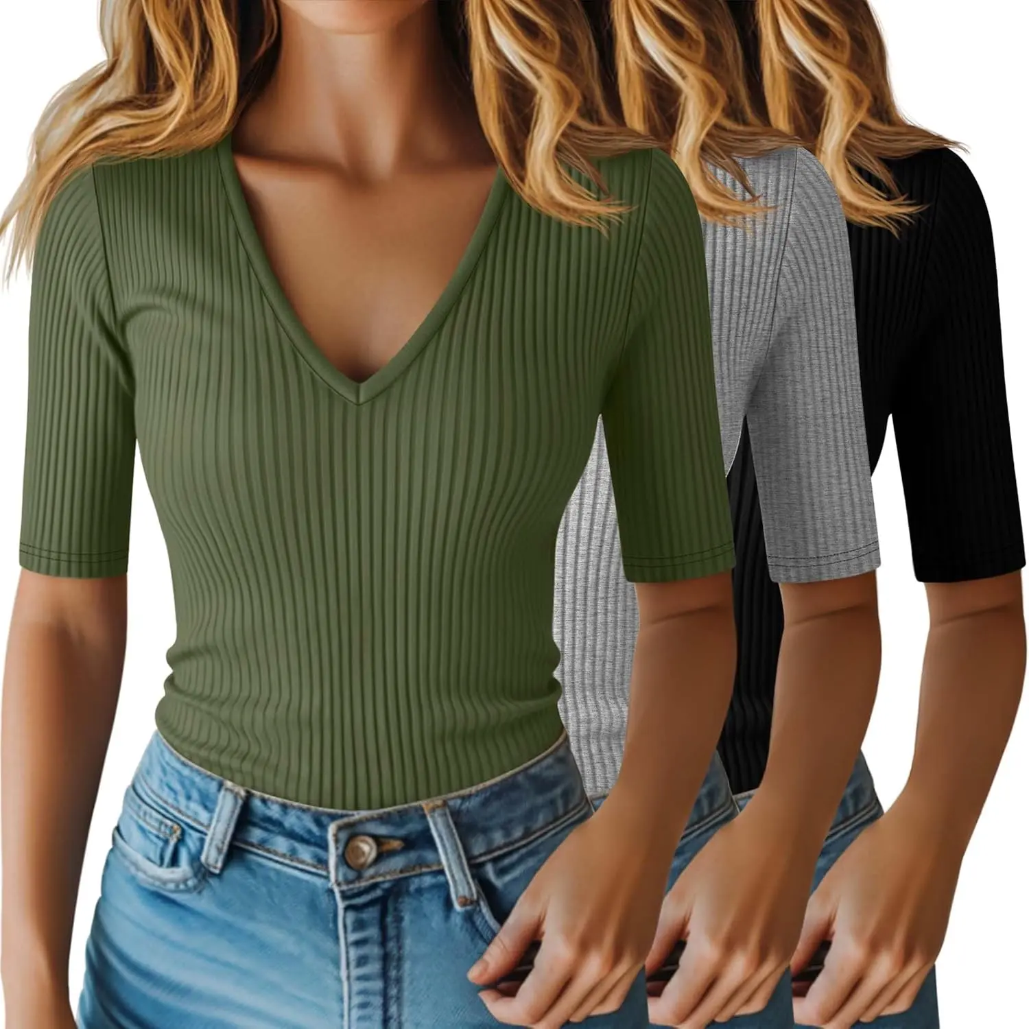 3 Pack Women's Half Sleeve Top Elbow Length Ribbed Cotton T Shirt Women V Neck Summer Tee Slim Fit Casual Blouses, Ribbed V-Neck Women's T-Shirts, Short-Sleeve Fitted Women's T-Shirts